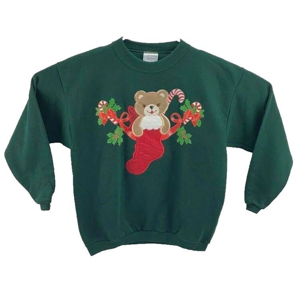Vtg Endless Designs Christmas Teddy Bear Green Sweatshirt Youth Size XL (18-20)